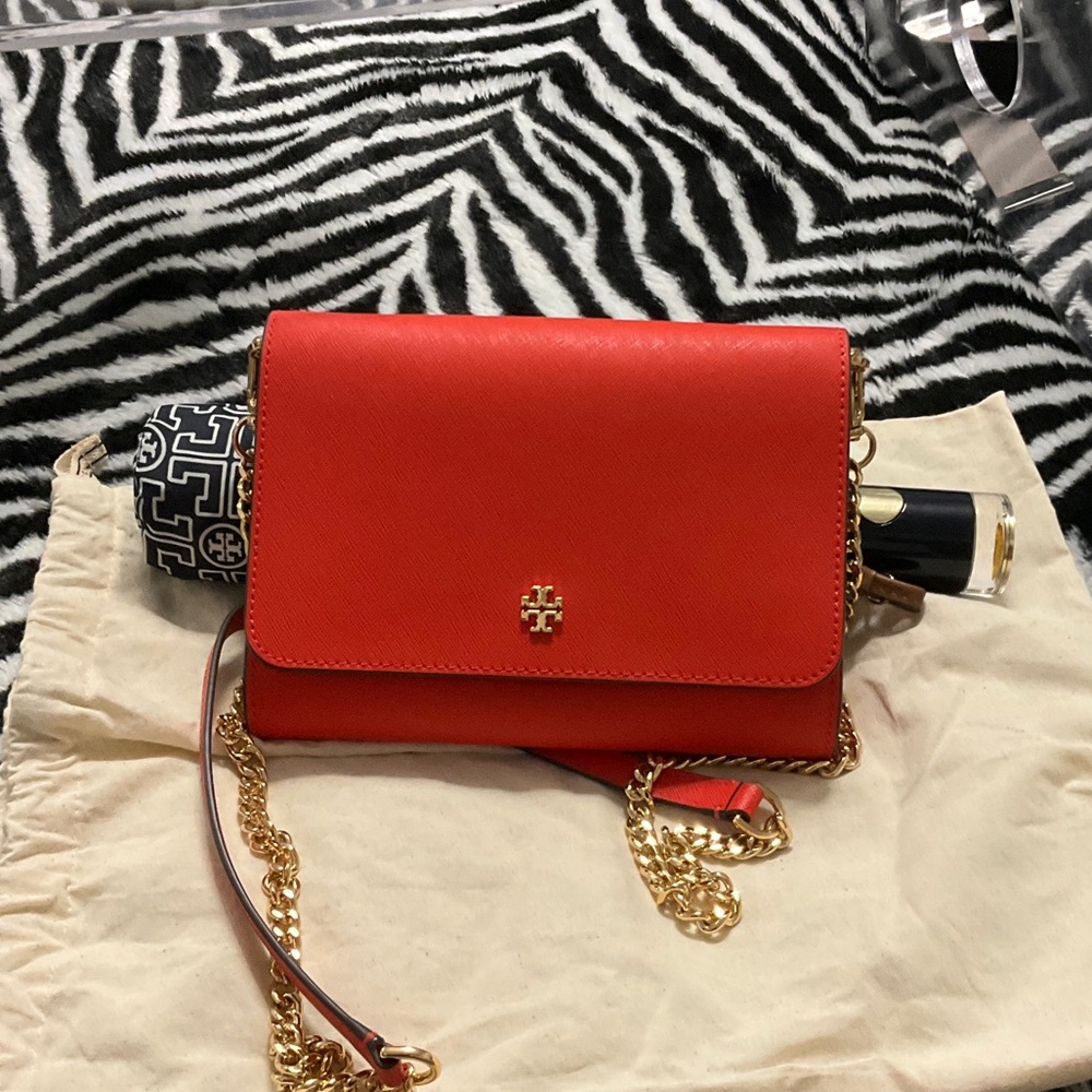 Tory Burch Vibrant Red Crossbody Bag with Gold Chain